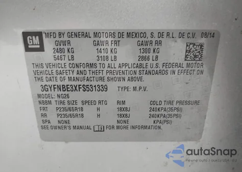 2015 Cadillac Srx Luxury Collection z USA, uszkodzony, nr VIN 3GYFNBE3XFS531339